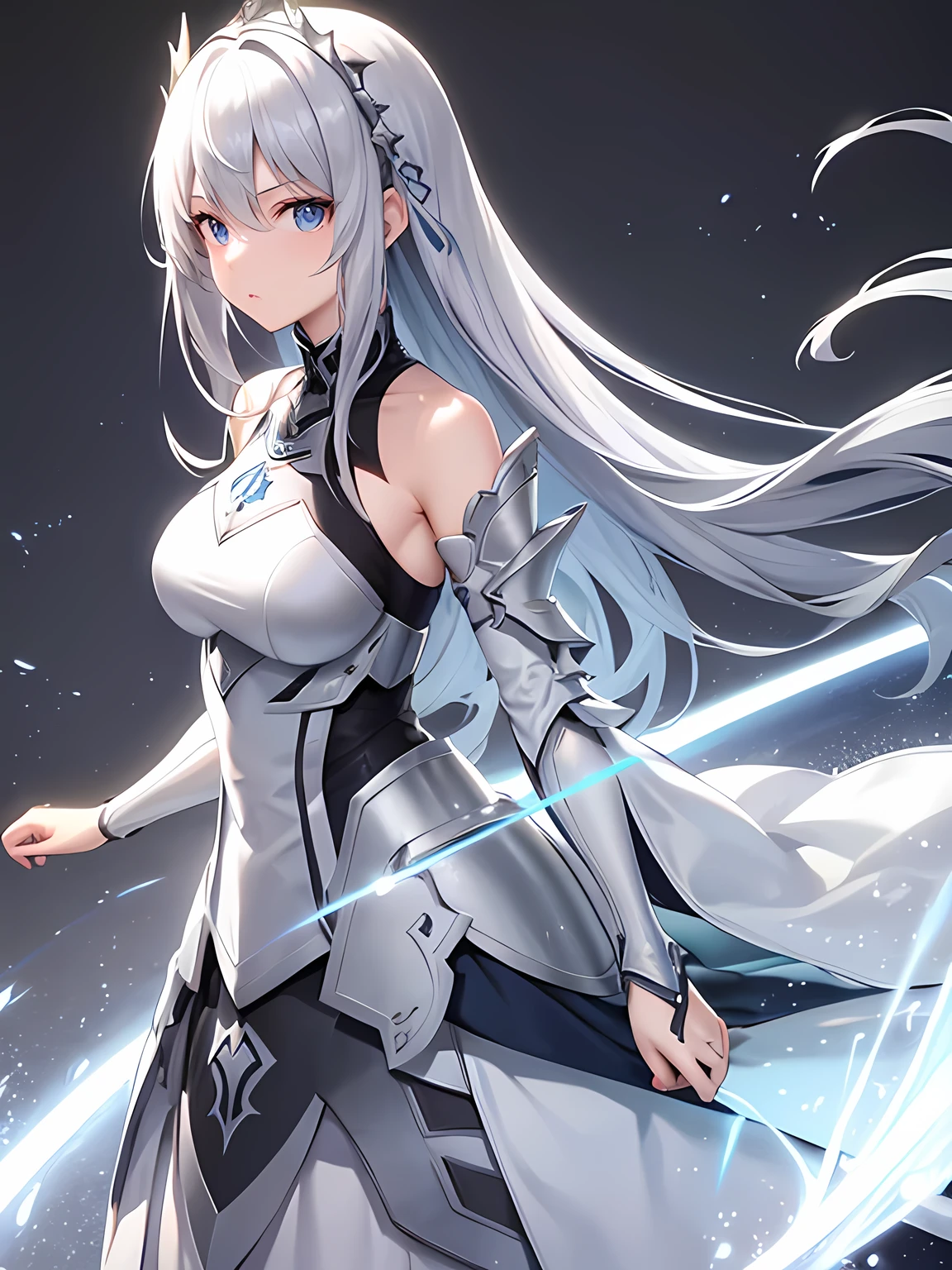 Gray hair straight long、Blue Eyes、One Woman、solo、White Knight、Silver Armor、、Rin々Shii、Focus on the Opponent