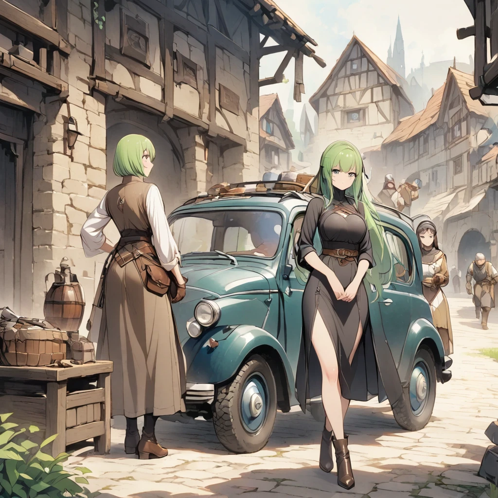 Green Hair、Girl、mysterious、Leather shoes、middle ages、Mechanic、adventure、Hakage、straight、Real