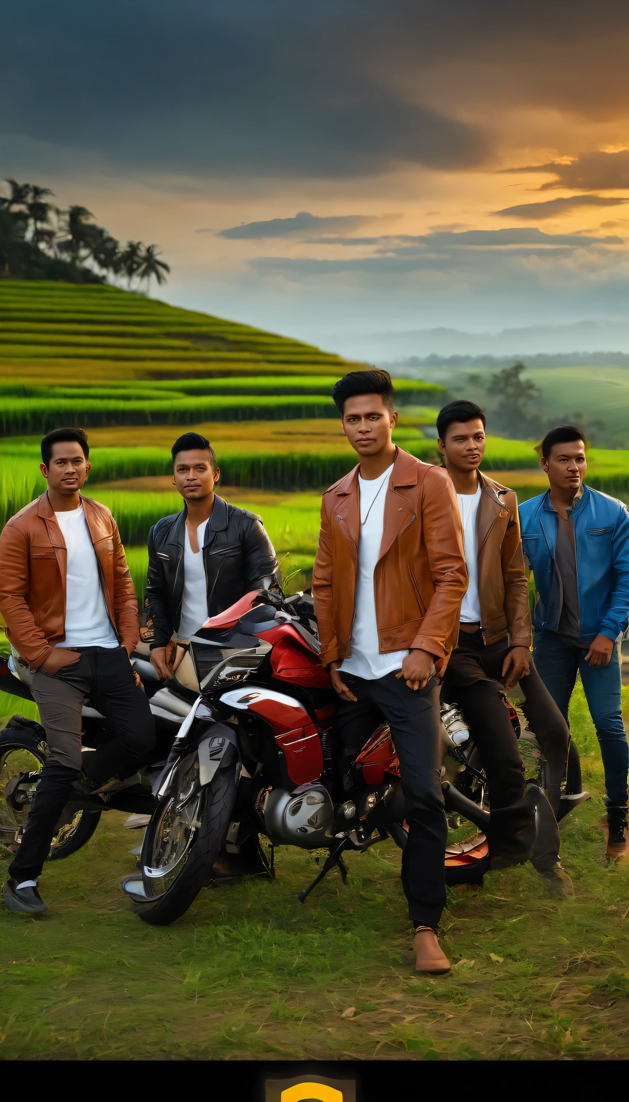 Create a very realistic picture, showing 5 Indonesian men, with clean faces, standing next to a random colored sports motorbike, they are wearing random colored leather jackets, black trousers and random colored shoes. The background shows a blurry view of the road between beautiful rice fields, dusk or dawn, someone playing kite, high lighting, clear colors