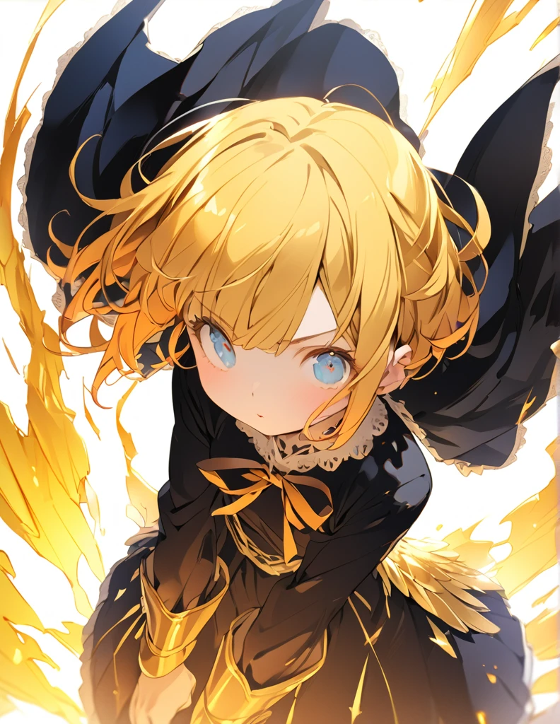 masterpiece　Golden Wings　A masterpiece of ultra-precise description of a girl fighting with golden flames (Short Bob Hair:1.4),(blue eyes)Fighting pose Golden flames rise all over