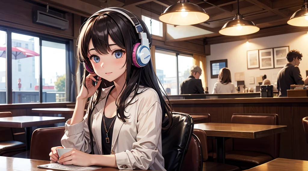 Girl with headphones enjoying music in a cafe I am studying Emphasize a little bit of the chest