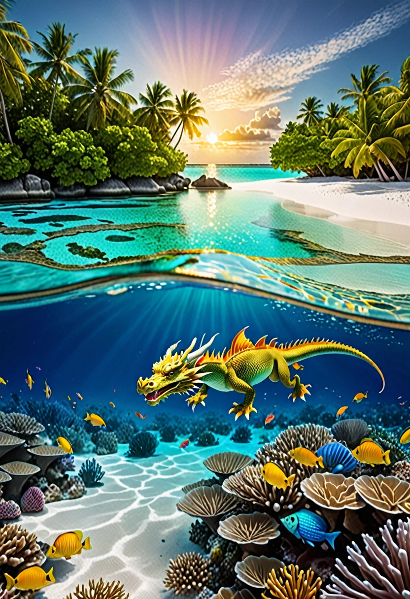 A serene dragon symbolizes the Maldives, its scales reflecting the turquoise waters and white sandy beaches. The dragon's body winds gracefully through the atolls, its presence creating gentle waves and vibrant coral reefs beneath. Surrounded by a myriad of colorful fish and sea creatures, the dragon's wings shimmer with the colors of a tropical sunset, casting a golden glow over the crystal-clear waters and creating a paradise-like scene