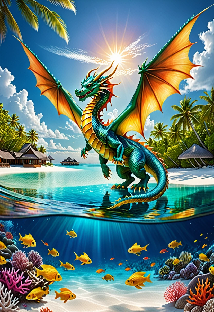 A serene dragon symbolizes the Maldives, its scales reflecting the turquoise waters and white sandy beaches. The dragon's body winds gracefully through the atolls, its presence creating gentle waves and vibrant coral reefs beneath. Surrounded by a myriad of colorful fish and sea creatures, the dragon's wings shimmer with the colors of a tropical sunset, casting a golden glow over the crystal-clear waters and creating a paradise-like scene