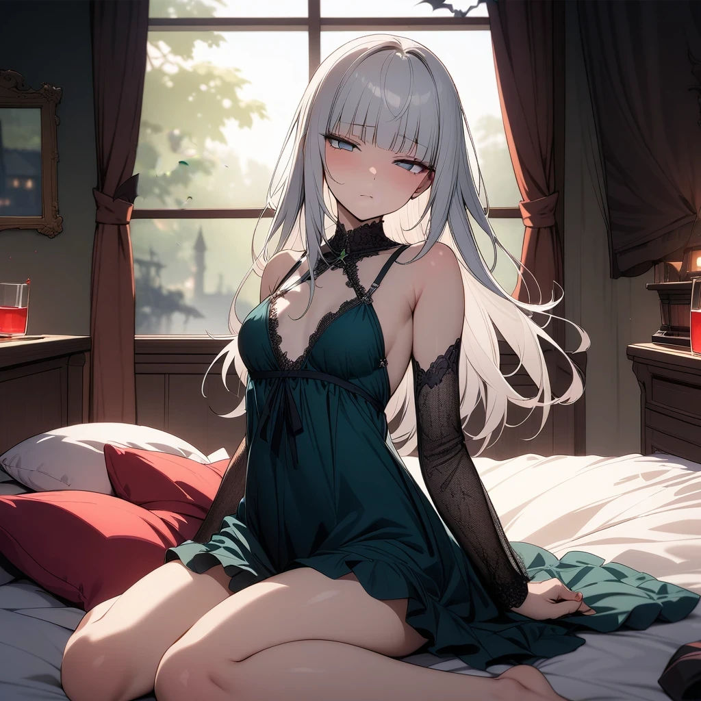 (masterpiece),(best quality),very aesthetic,(ultra-detailed),(illustration),(degenerate),very aesthetic,1girl,,slender,long hair,silver hair,straight hair,disheveled hair,(blunt bangs),dark blue alluring eyes,sleepy,half closed eyes,condescending look,An elegant and sophisticated outfit perfect for a party, featuring a velvet long negligee with dark blue lace accents sleeves,ecstasy,happy,inroom,on bed,wariza,daytime,Lascivious atmosphere,fantastic atmosphere,Sunlight shining through the window,forest landscape,curtains flutter in the wind,Toxic green colored lace thong,Old furnishings,dusty room,cowboy shot,looking at viewer,closed mouth, tomato juice glass, dark fantasy,  black castle