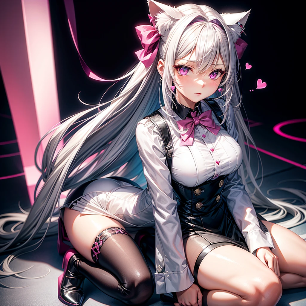 Silver hair, pink eyes, body, cat ears, y girl, earrings, heart fantasy background, uniform, hair bows, sit down