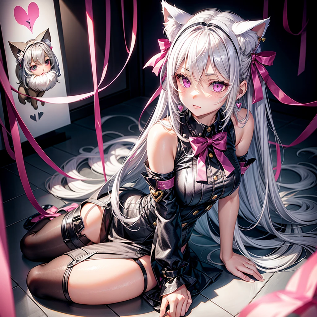 Silver hair, pink eyes, body, cat ears, sexy girl, earrings, heart fantasy background, uniform, hair bows, sit down