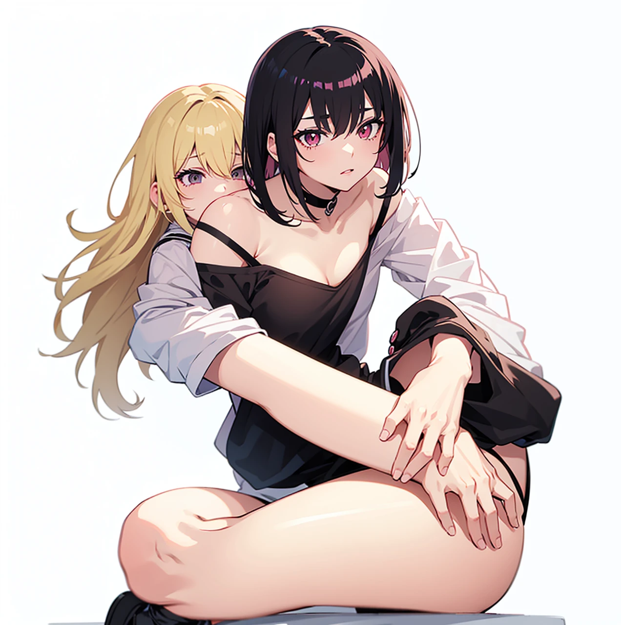 a boku no hero style character with black hair with blonde highlights, bangs, pink and black eyes, half dog seated