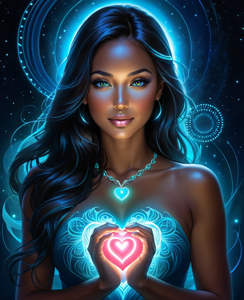 Spiritual Woman, Glowing with a bioluminescent heart, Embodying women&#39;s dreams and desires, Surrounded by a mysterious haze of light, Long flowing hair intertwined with stars, A sheer gown that flows gently, A beating heart with a soft glow, Calm and dreamy face, Dark Background, Velvet Sky, A dreamlike scene unfolds behind her, Digital Painting, Ultra-fine, Vibrant colors, Very detailed.