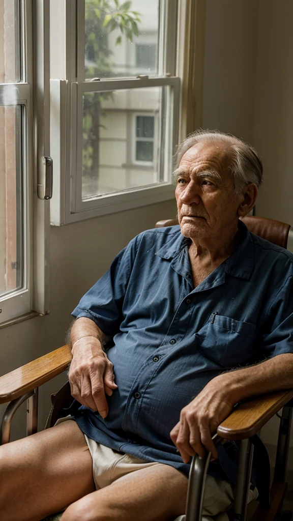 
An old man sitting in a rocking chair with a sad expression, looking far out the window in a nursing home, reminds of lost time and opportunities.