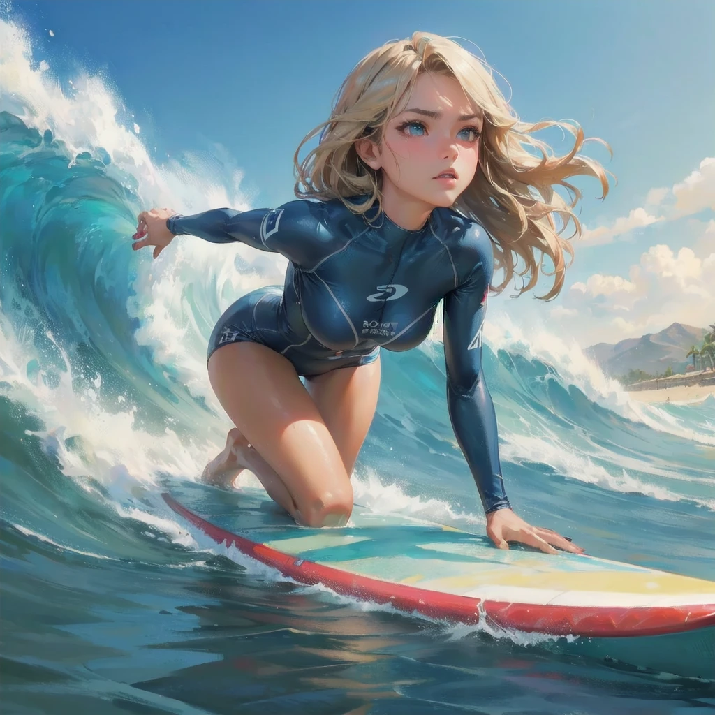  masterpiece, (textured skin), best quality, gorgeous beautiful girl, (a female surfing athlete), detailed clothes,large breasts,narrow waist,, (beautiful face), cinematic lighting, (at surfing venue ),