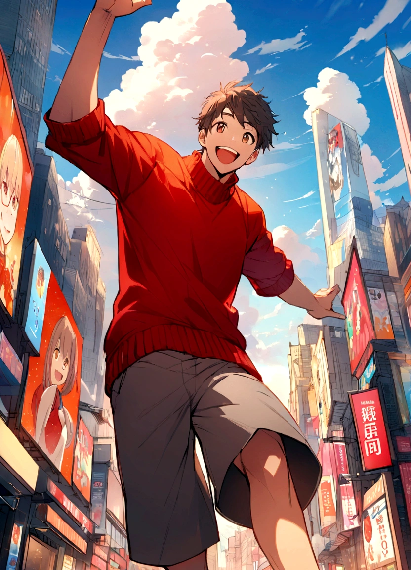 Create an anime-style illustration of a cheerful young man in a bustling cityscape. The perspective should be from a low angle, making the subject appear towering and dynamic. The boy is wearing a bright red sweater, gray shorts, and red sneakers. He has a happy expression, with his arm raised in excitement. The background features tall buildings with billboards and advertisements, resembling a vibrant urban setting. The sky is clear with a few clouds, adding to the lively atmosphere.