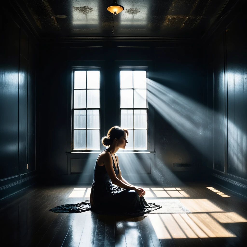 A woman sits in the corner of a large dark room,the only light is from the moonbeams coming through a framed window and the only thing illuminated is 50% of the woman and the floor,POV of the far corner of the room,somber mood,dust particles in the air catch the light,high contrast,long shadows,deep darkness,murky,, style by Dan Winters,RAW photography,film grain,(indistinguishable from reality:1.4),photo taken with a Bolex H16