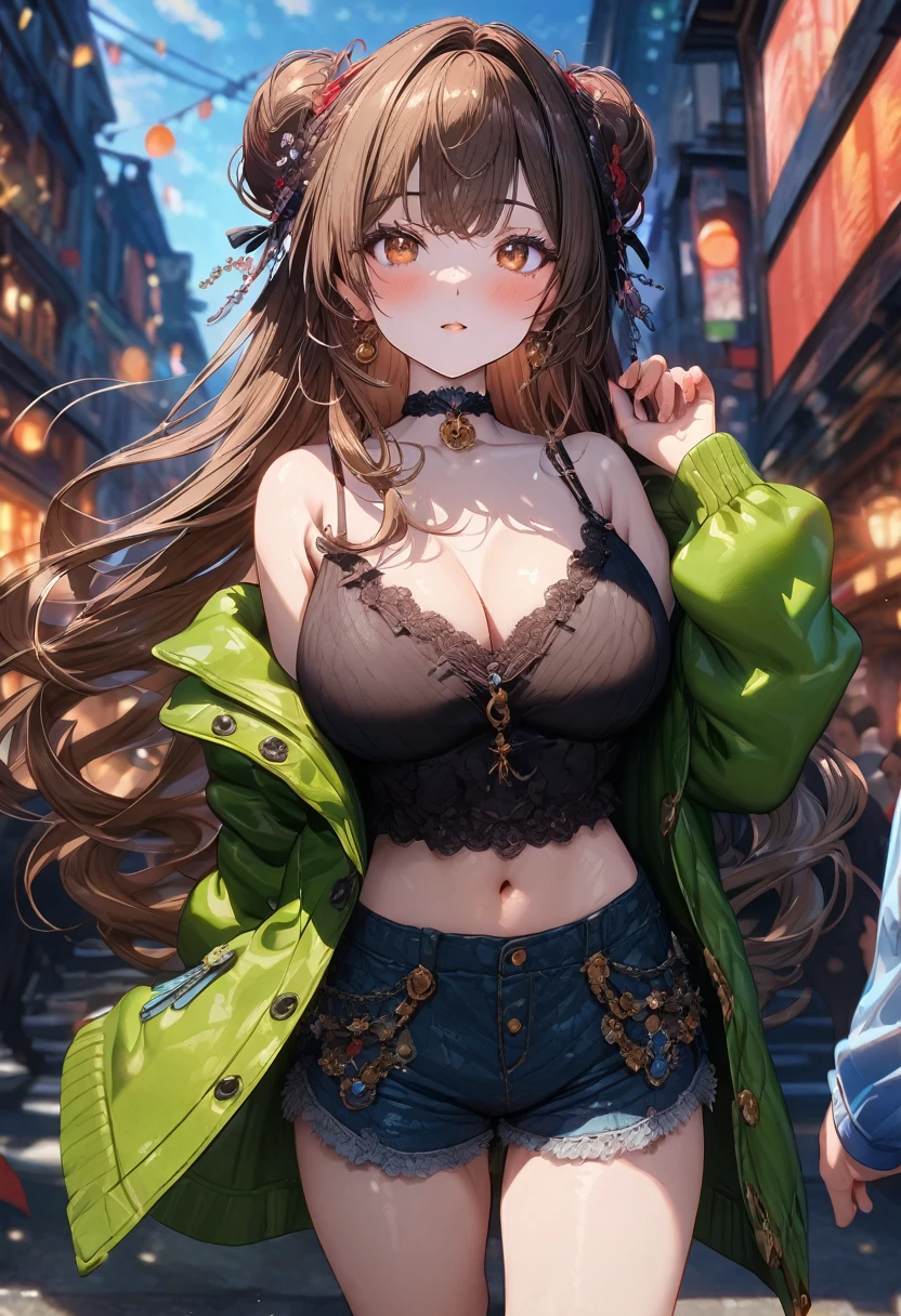 ((masterpiece:0), best quality, very aesthetic, newest, absurdres, detailed, high quality)
BREAK
highest quality, top quality, details, highres, ultra fine painting, digital art, official art, cinematic, 4k, 8k resolution, 8K CG wallpaper, CG, original artwork, detailed background, colorful background, blue atmosphere, High Dynamic Range, blurry background, blue hour, Starburst effects, crepuscular rays, good ISO, high resolution, wide shot, from far away, RAW photo, POV, sharp focus, light reflection, reflections, intricate details, soft light, particle noise, professional photography, bokeh, depth of field, natural lighting, vibrant colors, looking away, detailed lights and shadows, stylish, ultra-detailed, top rated on Pixiv, trending on Artstation, niji style, modern-days, master crafted, pose
BREAK
solo, close up shot, from above, 1girl, pale skin, correct fingers, detailed hand, (big breasts:1.2), big thighs, small torso, short body, flushtered, blush, anxious expression, casual, slim, ((cute, childlike face):1.3), nice hips, nice body, brown hair, (very long flowing hair), (big 2 buns hairstyle)), long bangs, long hair, middle hair bangs, brown eyes
BREAK
(black string tank top, choker, off shoulder open green hoodie, (tummy skin), open unbuttoned shorts, many colors outfit ornaments)
BREAK
a person walking down a street with a crowd of people, crowded street, crowded streets, in front of a large crowd, giant crowd, girl walking through city, people walking down a street