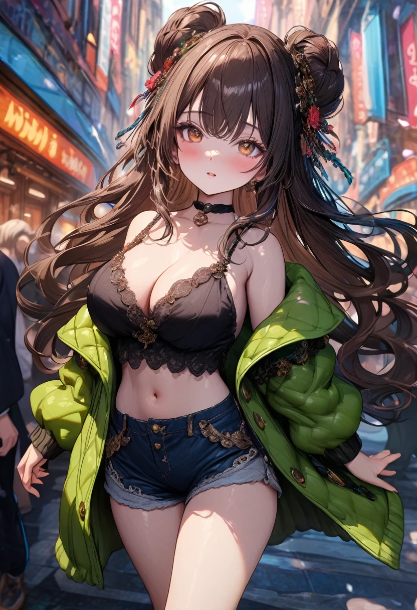 ((masterpiece:0), best quality, very aesthetic, newest, absurdres, detailed, high quality)
BREAK
highest quality, top quality, details, highres, ultra fine painting, digital art, official art, cinematic, 4k, 8k resolution, 8K CG wallpaper, CG, original artwork, detailed background, colorful background, blue atmosphere, High Dynamic Range, blurry background, blue hour, Starburst effects, crepuscular rays, good ISO, high resolution, wide shot, from far away, RAW photo, POV, sharp focus, light reflection, reflections, intricate details, soft light, particle noise, professional photography, bokeh, depth of field, natural lighting, vibrant colors, looking away, detailed lights and shadows, stylish, ultra-detailed, top rated on Pixiv, trending on Artstation, niji style, modern-days, master crafted, pose
BREAK
solo, close up shot, from above, 1girl, pale skin, correct fingers, detailed hand, (:1.2), big thighs, small torso, short body, flushtered, blush, anxious expression, casual, slim, ((cute, childlike face):1.3), nice , nice body, brown hair, (very long flowing hair), (big 2 buns hairstyle)), long bangs, long hair, middle hair bangs, brown eyes
BREAK
(black string tank top, choker, off shoulder open green hoodie, (tummy skin), open unbuttoned shorts, many colors outfit ornaments)
BREAK
a person walking down a street with a crowd of people, crowded street, crowded streets, in front of a large crowd, giant crowd, girl walking through city, people walking down a street