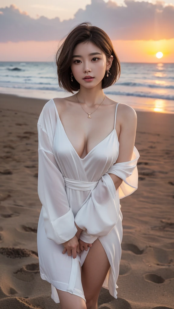 ((Highest quality)),Photo quality、Japanese、Woman、Standing on the sand at the beach、((The setting sun can be seen in the background))、((The magical moment when the sun sets))、Dress  Long white silk robe、Backlight makes her body lines visible、Earrings、Necklace、Cleavage、Perfect anatomy、Anatomically correct body、Realistic human skin、28 years old、  Short hair、Bob hair、Brown hair、Knees、Watching the audience、Shy face、Big breasts、Bulge breasts