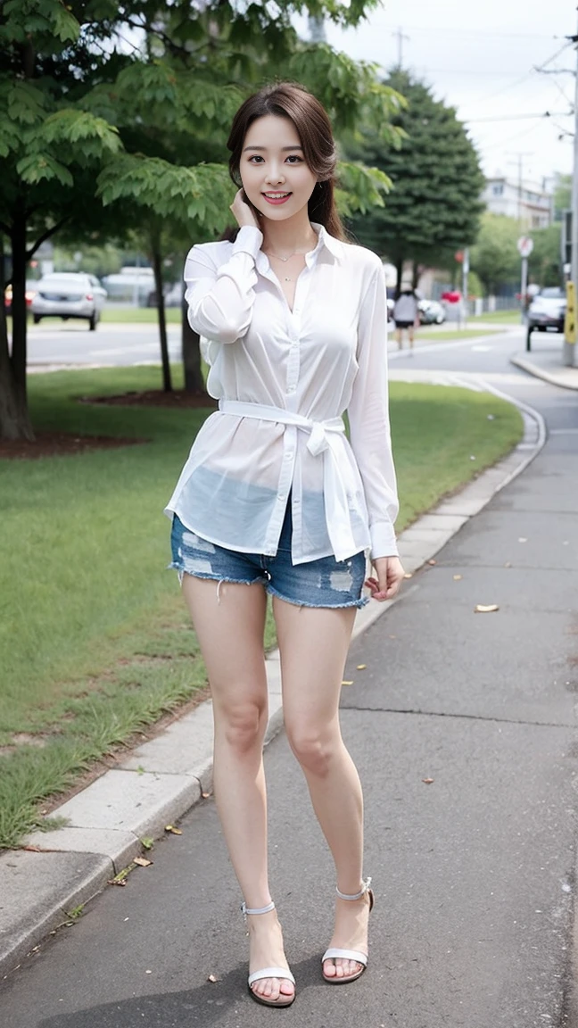Wearing a white shirt, girl, (tight top:1.5),close your mouth and smile,legs long,Skinny super shorts,White skin of the,high high quality,4K, Face-to-face audience, 1 plump girl,hair tying up,at the street side,(Bring your legs together:1.5),with a round face, 32 inches in the chest, (sexy pose),(standing pose) ,(full body shot)、Chest 32 inches, ,Stand on the grass and take pictures