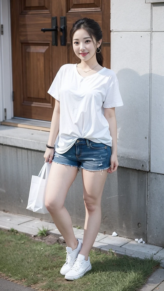  Wearing a white shirt， girl, （tight top：1.5），close your mouth and smile，legs long，Skinny super shorts，White skin of the，high high quality，4K, Face-to-face audience, 1 plump girl，hair tying up，at the street side，（Bring your legs together：1.5），with a round face， 32 inches in the chest, (sexy pose),(standing pose) ,(full body shot)、Chest 32 inches, ,Stand on the grass and take pictures