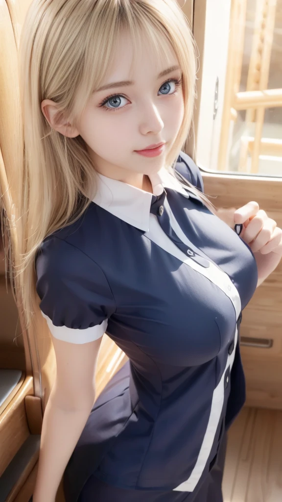 Photorealistic, highest quality, Highest quality, masterpiece, Ultra-high resolution, Raw photo, Realistic, Bright lighting, smile, ((Cabin-attendant uniform:1.4)), Face Light, Smooth Professional Lighting, Looking at the camera, alone, Adult women, Beautiful woman, Super Beauty, Realistic skin, Moisturized Skin, Realistic eyes and faces, Perfect model body shape, Beautiful Eyes, Big eyes, Inconspicuous tear bags, slim, Medium sized breasts, Beautiful fingers, (((Very short hair:1.4, blond Hair:1.3))), blue eye, seems to be happy,