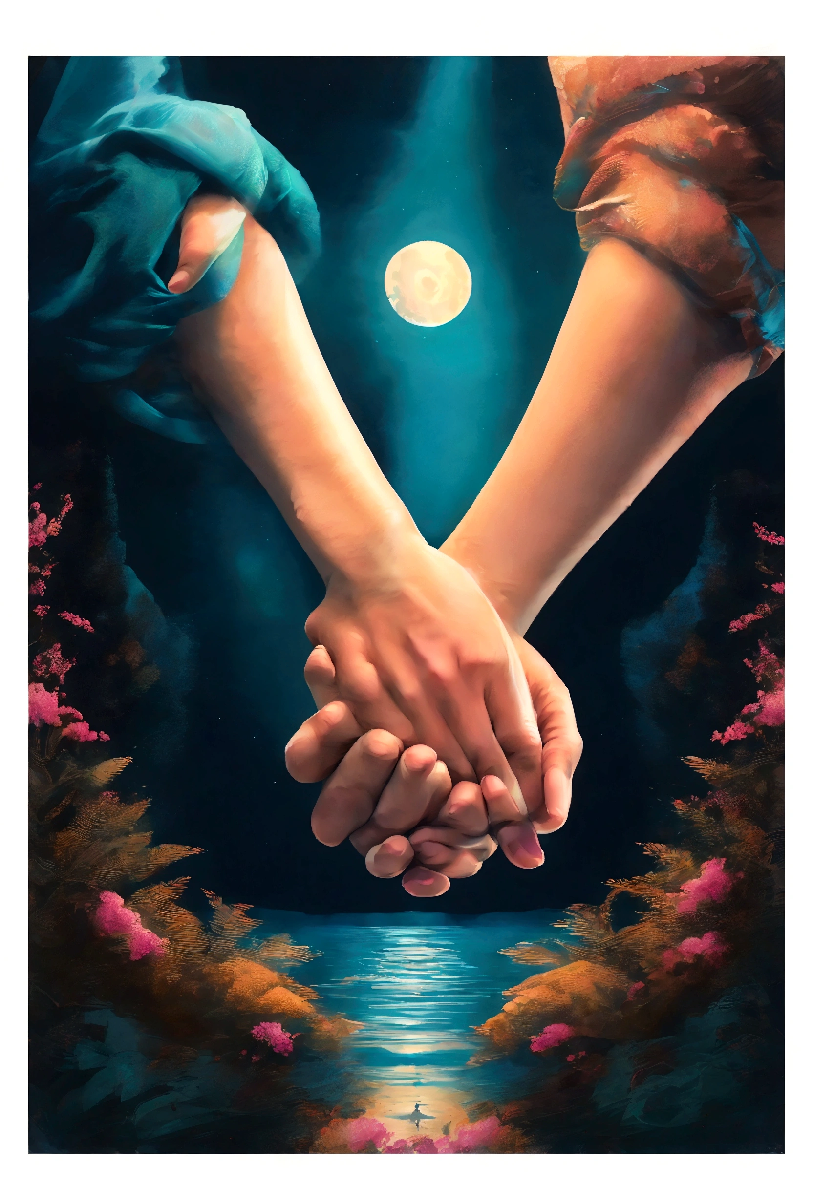 Background Black、Male and female hands、Hand in hand、Mysterious、2 people、pastel colour