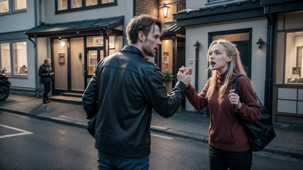 couple of norwegian man and woman, arguing on the streets of norway, in front of the house, realistic image