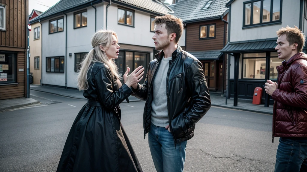 couple of norwegian man and woman, arguing on the streets of norway, in front of the house, realistic image