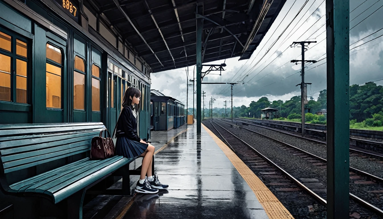 Ultra high definition photo. The sky is cloudy and full of dark clouds. It's dark like a place where it's going to rain. At an old train station, a girl sits lonely on her bench.
Her hair is flying. The girl is wearing her pleated skirt and her bb sneakers. You can see the back of the train that has just passed. Close-up side shot of a girl