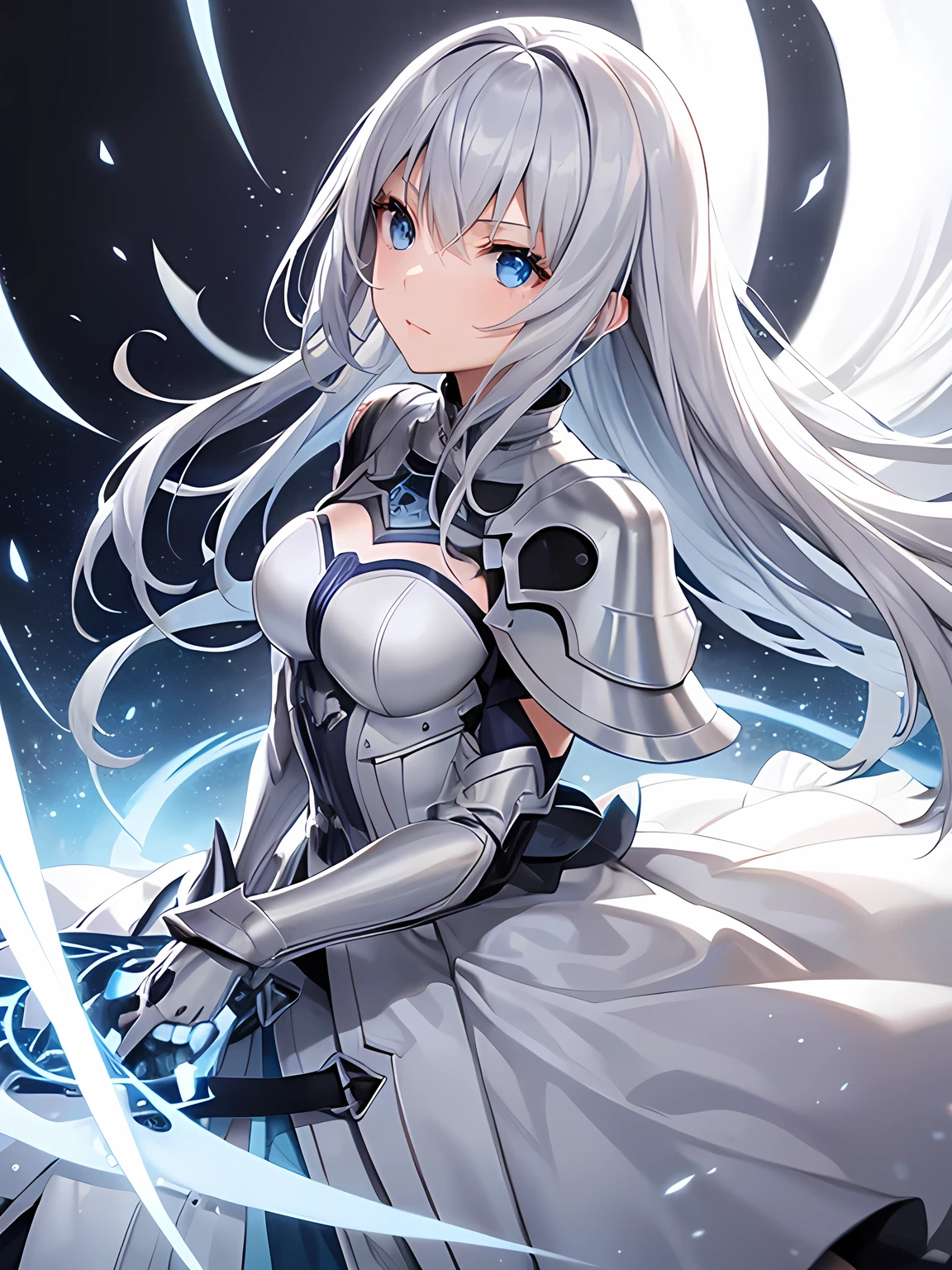 Gray hair straight long、Blue Eyes、One Woman、solo、White Knight、Silver Armor、、Rin々Shii、Focus on the Opponent
