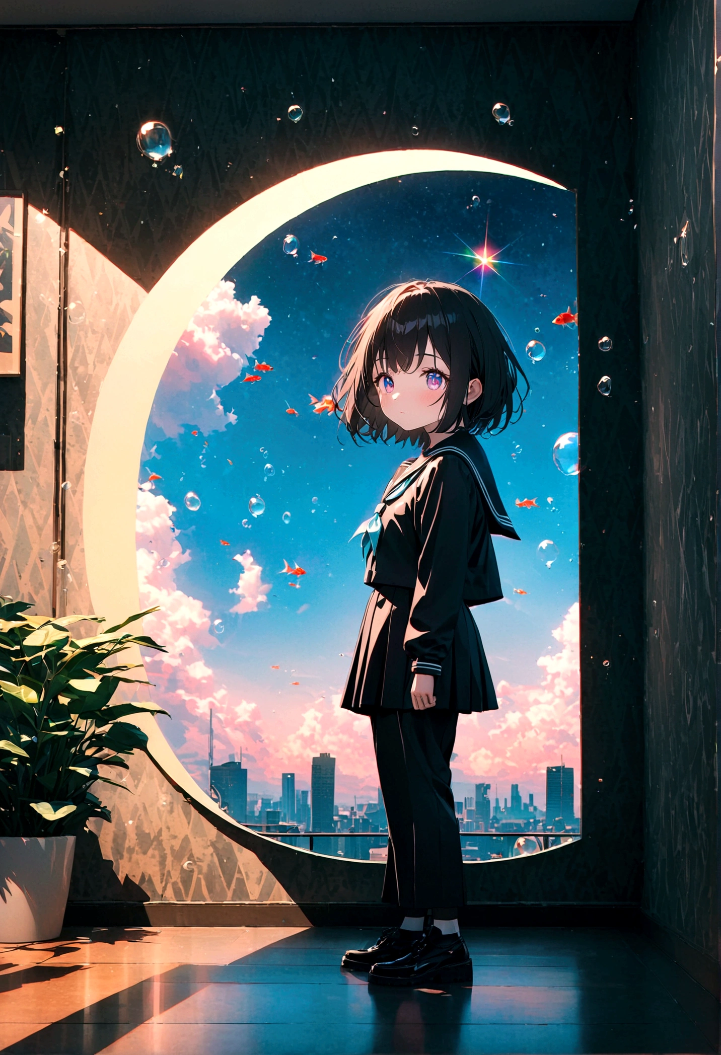 (woman\(student, 15 years old, ＪＫ, short hair,Black Hair, Floating Hair, Space-colored eyes, Black sailor suit\(Of high school\), Pale skin, Tired face, No shine in the eyes\) Looking up at the sky), (Many goldfish are swimming in the air), Beautiful sky, Beautiful Clouds, Colorful summer flowers are blooming everywhere., (Transparent bubbles shine like prisms here and there in the sky), The midday moon and the midday star shine in the sky, woman is at messy downtown, break ,quality\(8K,非常に精細なCGユニットのwallpaper, masterpiece,High resolution,top-quality,top-quality real texture skin,Surreal,Increase the resolution,RAW Photos,最高quality,Very detailed,wallpaper,Cinema Lighting,Ray-tracing,Golden Ratio\),(Long Shot),Wide Shot,