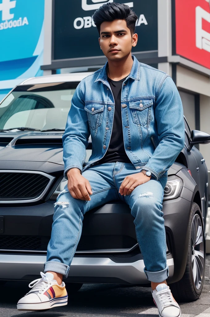 Create a 3D illustration of an animated character sitting casually on top of social media logo "Car" . The character must wear casual modern clothing such as jeans jacket sneakers shoes. The background of the image is a social media profile page with username "Aditya Rajput" and a profile picture that matches animated character