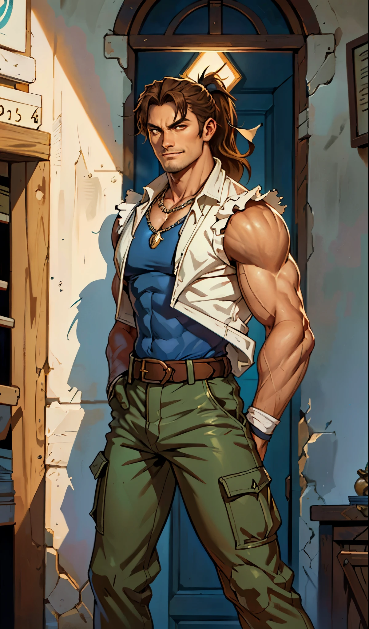 (masterpiece:1.2, best quality, extremely delicate), a man with short brown hair, a short ponytail, brown skin, a handsome face, deep eyes, a wild smile, stubble on his chin, wears a necklace with fangs, a muscular build, a fantasy-reality style blue open short vest, sleeveless, a cloth band on his arm, a yellow belt, green cargo pants, stands on an endless coastline, this character embodies a finely crafted fantasy-reality style rogue in anime style, exquisite and mature manga art style, dramatic, high definition, highres, ultra-detailed, ultra-fine painting, professional, perfect body proportions, golden ratio, anatomically correct, symmetrical face, extremely detailed eyes and face, high quality eyes, creativity, RAW photo, UHD, 32k, Natural light, cinematic lighting, masterpiece-anatomy-perfect