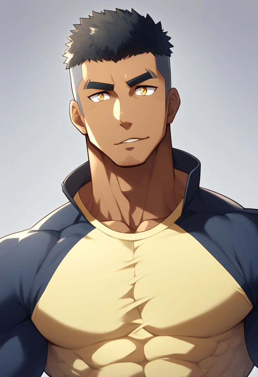 anime characters:Gyee, Muscle Sports Student, negro black skin, 1 dark skin muscular tough guy, Manliness, male focus, Light yellow high collar long sleeve tight T-shirt, Wear a sports jacket, Very tight, Round, full and perky chest muscles, Slightly transparent, muscular male, muscular, only, Upper body, alone, Black short hair, Thick eyebrows, stubble, Yellow eyes, Grey background, simple background, amazing quality, best aesthetics, Ridiculous, bright pupils, crew cut, parted lips, seductive smile, torogao, naughty face, drop shadow, best quality
