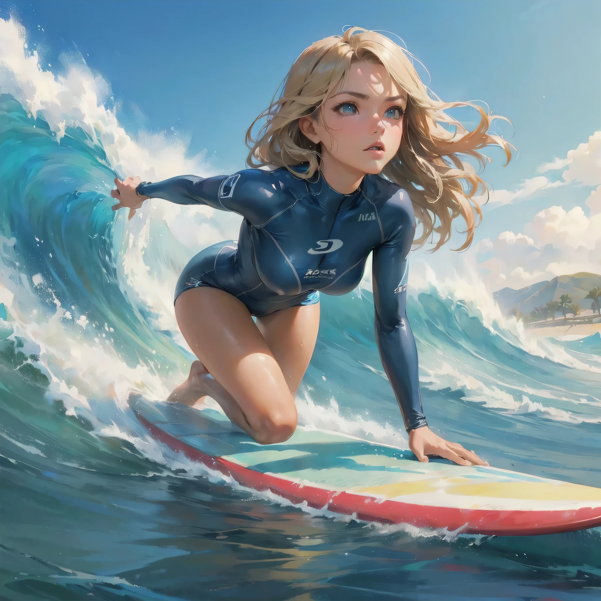masterpiece, (textured skin), best quality, gorgeous beautiful girl, (a female surfing athlete), detailed clothes,large breasts,narrow waist,, (beautiful face), cinematic lighting, (at surfing venue ),