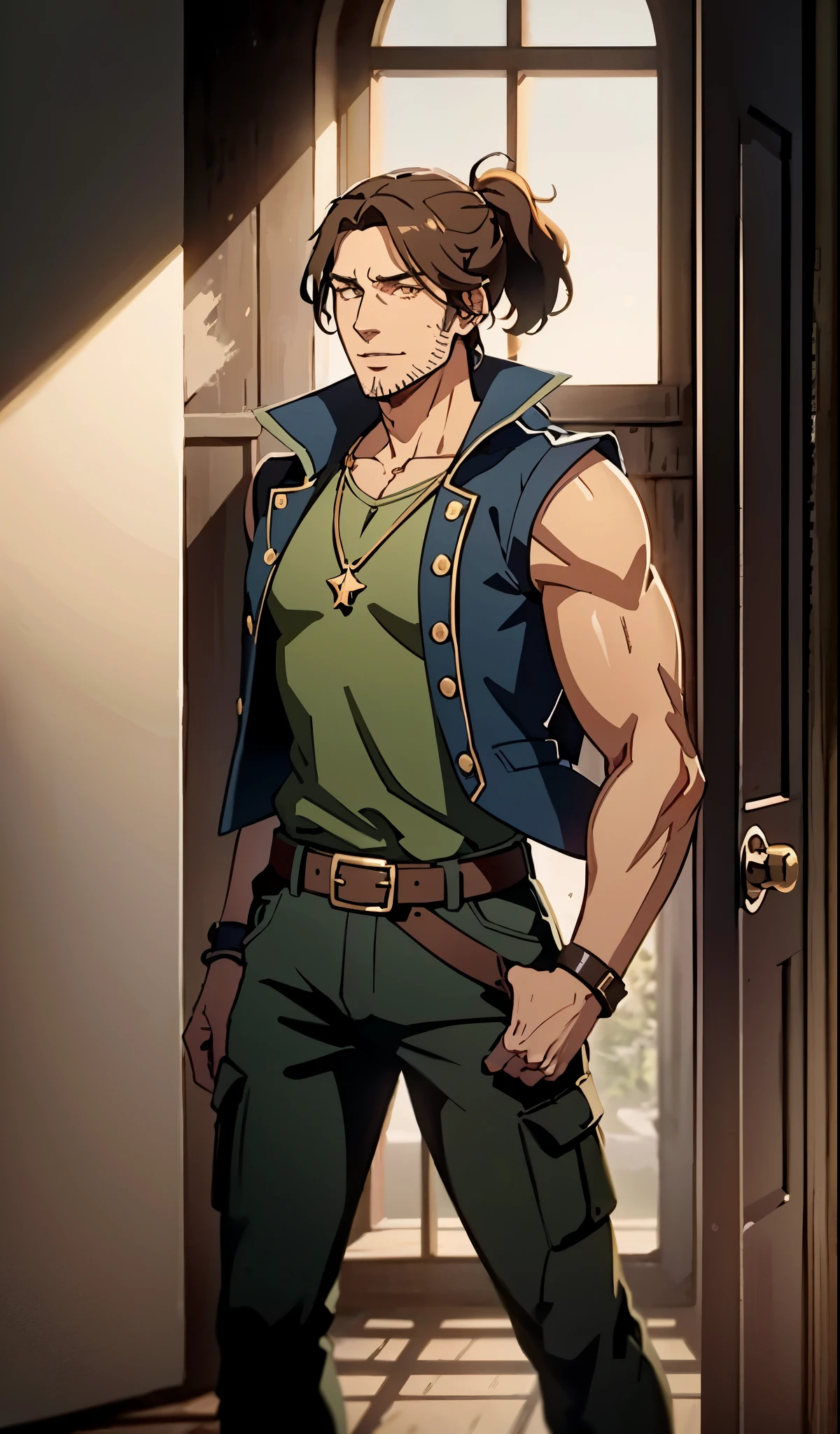(masterpiece:1.2, best quality, extremely delicate), a man with short brown hair, a short ponytail, brown skin, a handsome face, deep eyes, a wild smile, stubble on his chin, wears a necklace with fangs, a muscular build, a fantasy-reality style blue open short vest, sleeveless, a cloth band on his arm, a yellow belt, green cargo pants, stands on an endless coastline, this character embodies a finely crafted fantasy-reality style rogue in anime style, exquisite and mature manga art style, dramatic, high definition, highres, ultra-detailed, ultra-fine painting, professional, perfect body proportions, golden ratio, anatomically correct, symmetrical face, extremely detailed eyes and face, high quality eyes, creativity, RAW photo, UHD, 32k, Natural light, cinematic lighting, masterpiece-anatomy-perfect