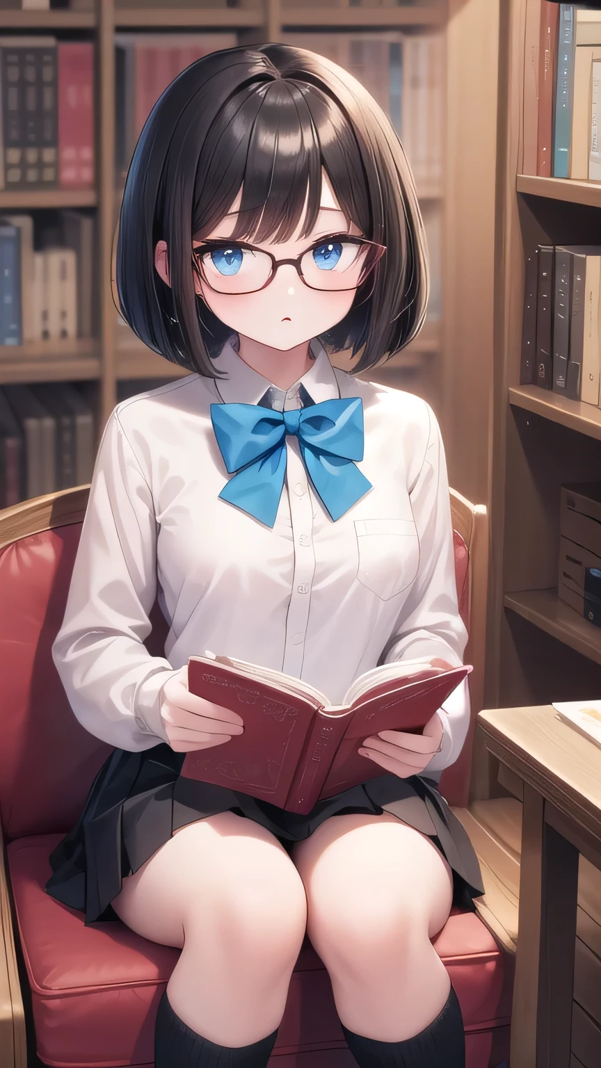 solo girl, 20 years old,sitting,reading a book,looking at book,bob cut hair,short hair,black hair,blue eyes, small breast,glasses,long sleeves shirts,bowtie,pleated skirt,library,insanely detailed, absurdres, ultra-highres, ultra-detailed, best quality, slender, kawaii, perfect symmetrical face, ultra cute girl, ultra cute face, ultra detailed eyes, ultra detailed hair, ultra cute, ultra beautiful,masterpiece,incredibly absurdres,high detail eyes