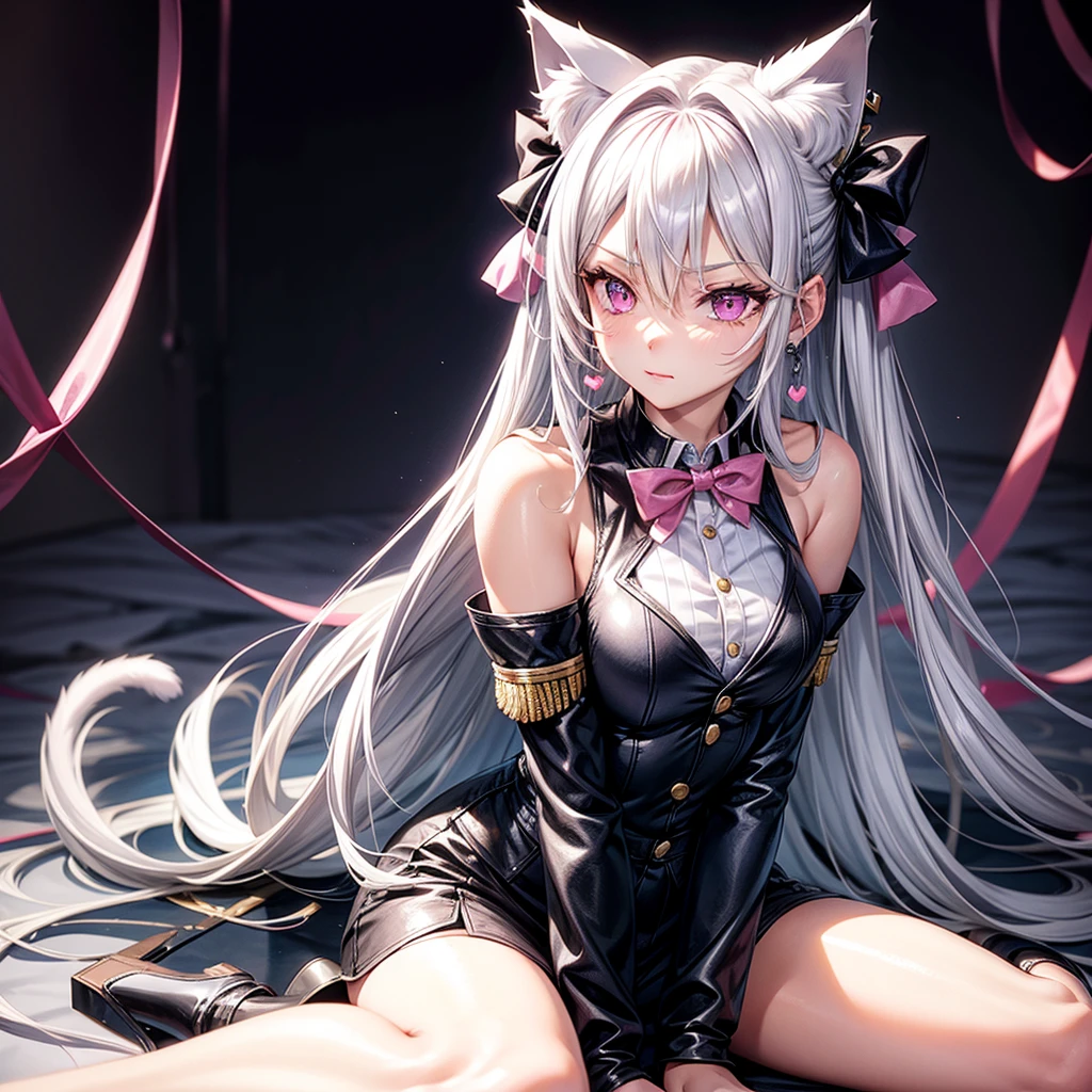 Silver hair, pink eyes, body, cat ears, earrings, fantasy background 