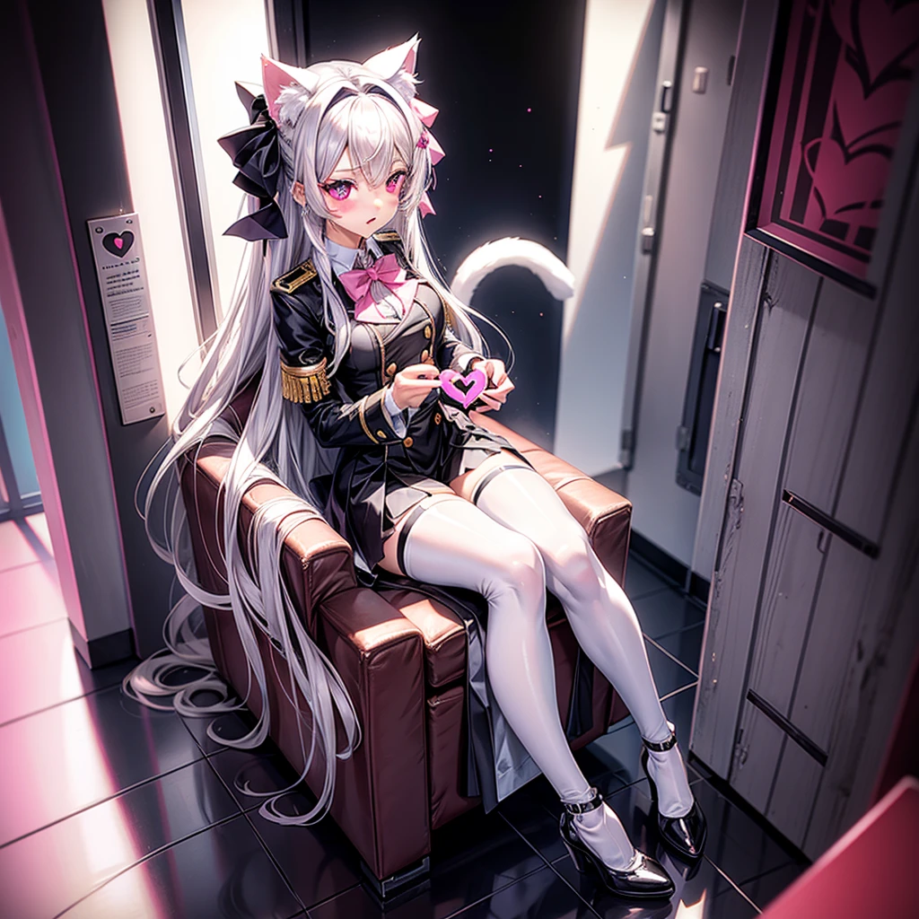 Silver hair, pink eyes, body, cat ears, sexy girl, earrings, heart fantasy background, uniform, hair bows, sit down