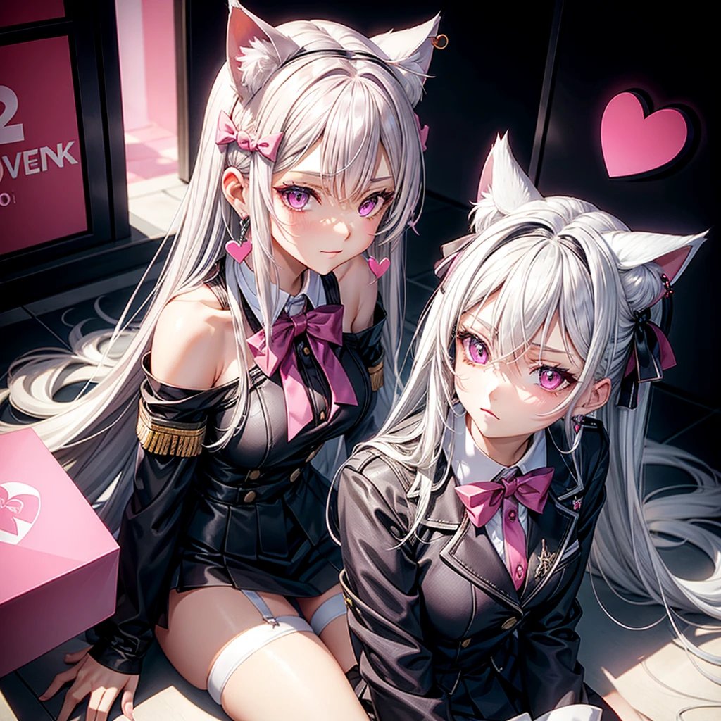 Silver hair, pink eyes, body, cat ears, sexy girl, earrings, background fantasy,uniform, hair bows, sit down, happy face