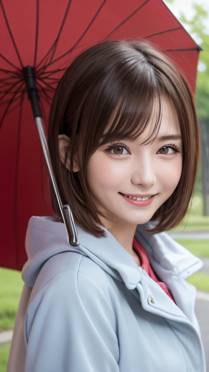 closeup shot , Best picture quality (8K, high resolution, Masterpiece: 1.2), super detailed, 215 Short Hair, 16-year-old woman,
Situation: Romantic stroll in the rain in a quiet park.
Clothing: Long coat, rain boots, and colorful parasol umbrella.
Angle: Close-up shot showing the sharing of umbrellas and intimate facial expressions under umbrellas. Emphasizes the beauty of the trees and flowers in the rain.
Close-up of face
, random cute pose ,big eyes ,Puffy eyes , Heart Pupil, blush , huge shy smile , salute