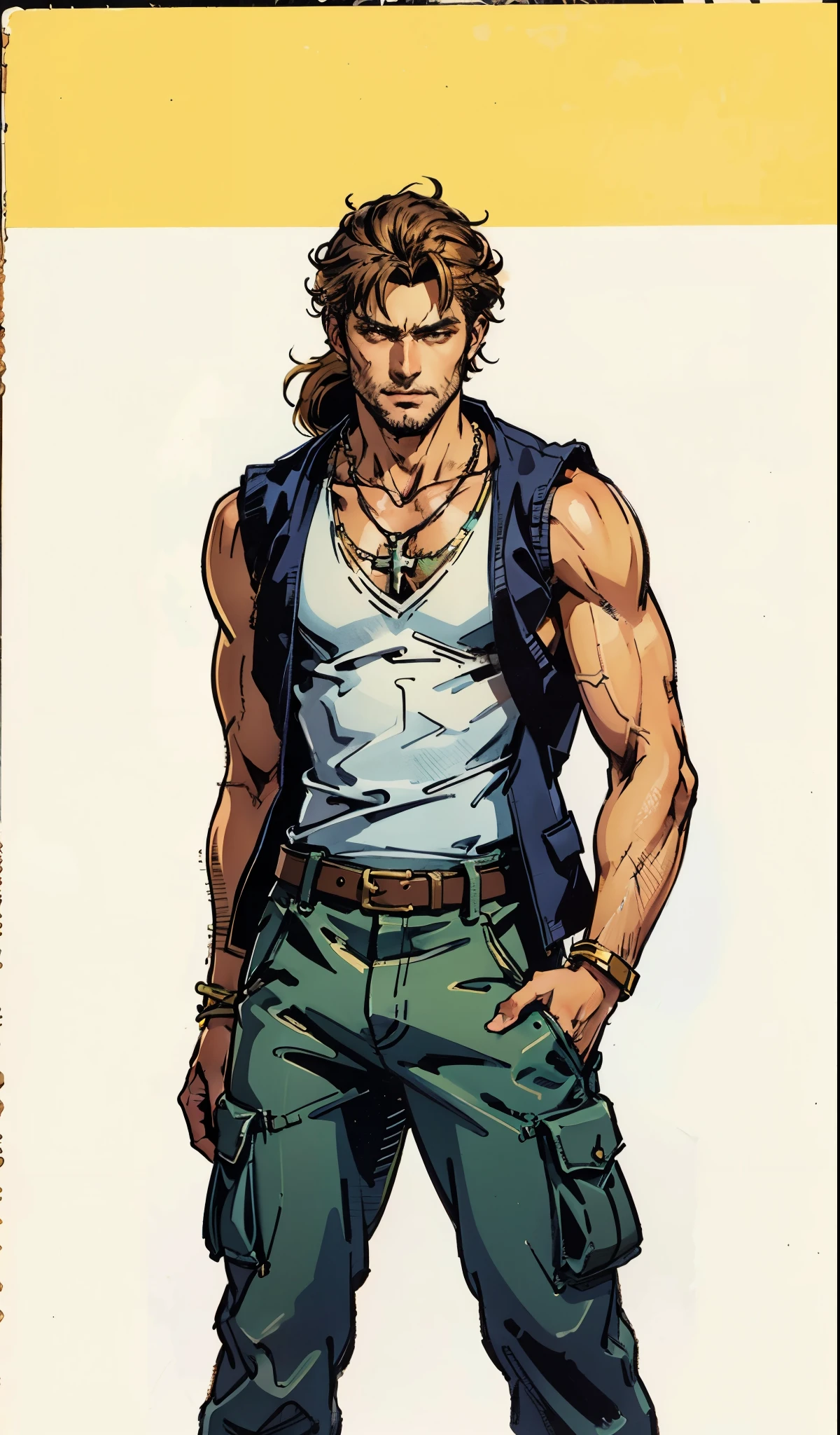 (masterpiece:1.2, best quality, extremely delicate), a man with short brown hair, a short ponytail, brown skin, a handsome face, deep eyes, a wild smile, stubble on his chin, wears a necklace with animal teeth, a muscular build, a fantasy-reality style blue open short vest, sleeveless, a cloth band on his arm, a yellow belt, green cargo pants, stands on an endless coastline, this character embodies a finely crafted fantasy-reality style rogue in anime style, exquisite and mature manga art style, dramatic, high definition, highres, ultra-detailed, ultra-fine painting, professional, perfect body proportions, golden ratio, anatomically correct, symmetrical face, extremely detailed eyes and face, high quality eyes, creativity, RAW photo, UHD, 32k, Natural light, cinematic lighting, masterpiece-anatomy-perfect