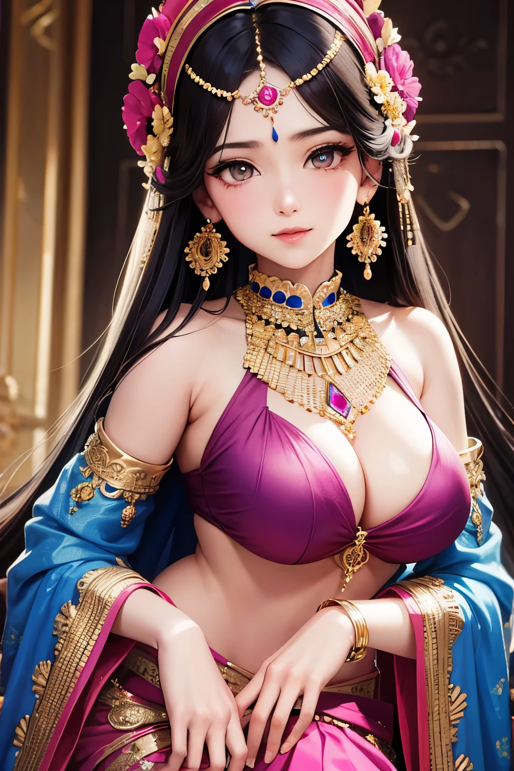 masterpiece, best quality, highly detailed, high resolution, expensive resolution, high resolution, 4k, 8k, uniform 8k wallpaper, highly detailed CG, masterpiece, 2d, 3d, beautiful details, depth, fine texture, best quality: 1.3, perfectly focused, sharp. skin, him, very cute anime girl, cute 20s girl in indian costume saree, big breasts, pink medium long hair in expensive clothes, mole under eye, looking at the viewer, expensive, blush, mole, open lips, pink eyes, smiling heart shaped choker