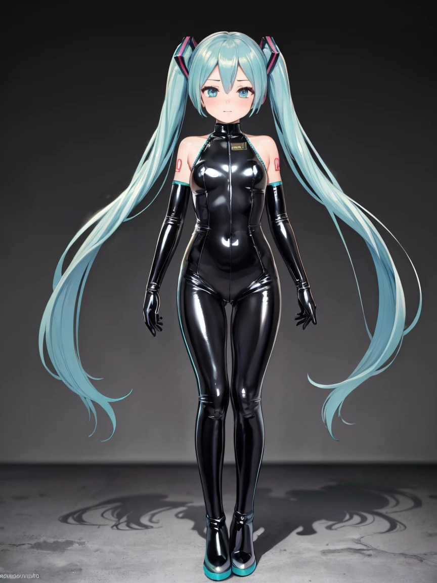 ((Top quality)), ((Masterpiece)), ((best quality:1.2,)), ((Hatsune Miku, 1girl solo)), (((Shiny latex full body suit))), Shiny latex boots,