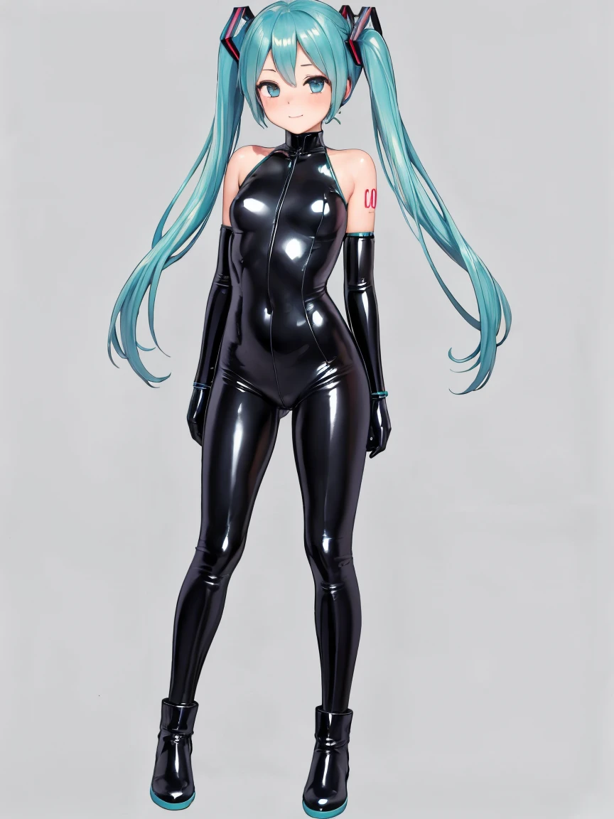 ((Top quality)), ((Masterpiece)), ((best quality:1.2,)), ((Hatsune Miku, 1girl solo)), (((Shiny latex full body suit))), Shiny latex boots,