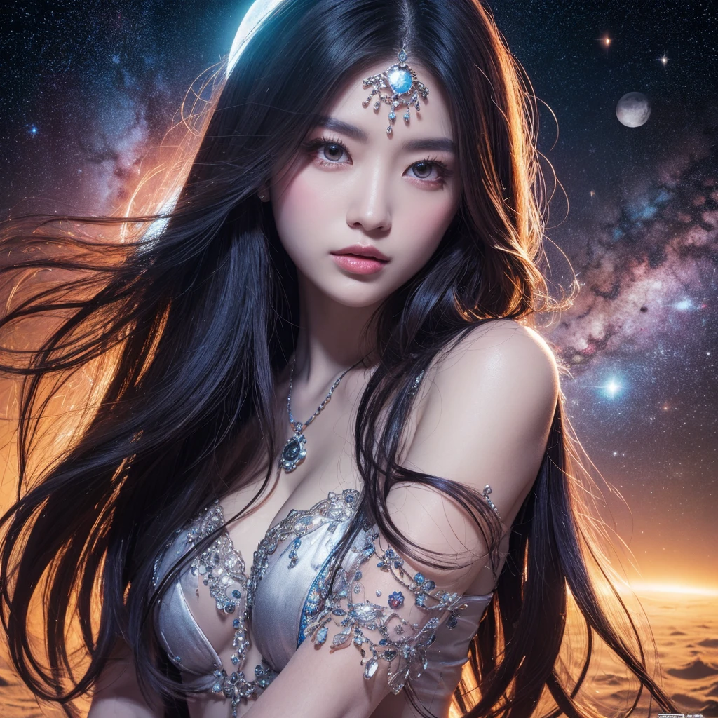 (Best quality,4K,8K,A high resolution,tmasterpiece:1.2),ultra - detailed,(actual,realistically,realistically:1.37),sporty attire,eBlue eyes,White hair,Curly-haired beauty,Her figure is the golden ratio of the human body,Fair and flawless skin ，Wear translucent underwear，kosmos,Interdimensional Traveler,Glowing blue portal in the background,glistening stars,galaxias,The space-time continuum,Cosmic dust floats around her,celestial glow,EtherealBeauty,with a calm expression,captivatinggaze,Interstellar Travel,Colored nebulae,dreamlike landscapes,otherworldly beauty,undying,vivd colour,vibrant tones,Lighting light,in pastel shades,Artistic creation,masterful brushstrokes,enchanting atmosphere,Surreal atmosphere,harmonious color palette,Cosmic energy flows through her,The body radiates light and energy,Wonderful atmosphere,otherworldly beauty,Enchanting aura,Universe secrets revealed.Look at the camera with both eyes，There is a taijitu in the background