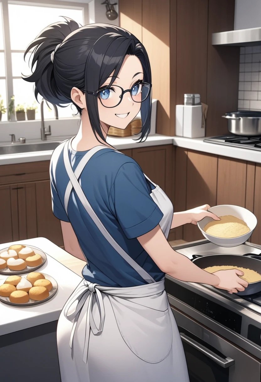 Adult female, highly detailed, glasses, short black hair wolf cut style tied back, blue eyes, smile, kitchen, apron, perfect eyes, high quality, hands on hips, baking, happy