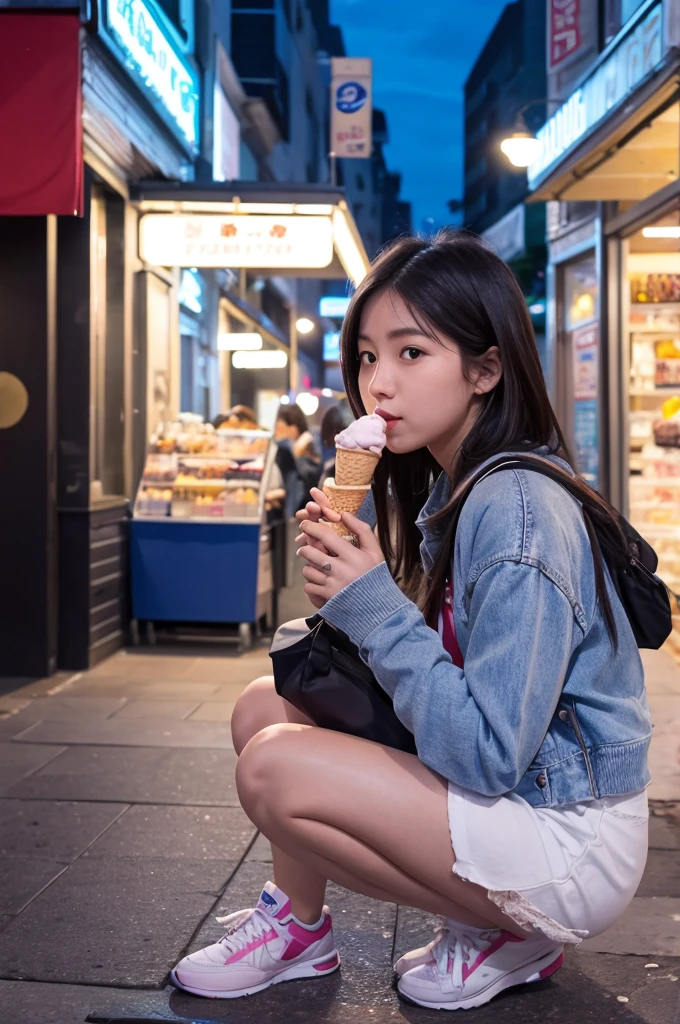 In the city night Crouching woman university student blue sky Eating ice cream