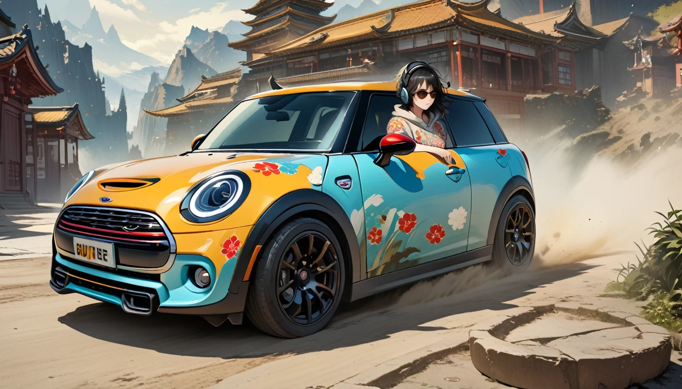((8k of extremely detailed CG unit, Masterpiece, high resolution, highest quality, highest quality real texture skin)), (wearing Japanese pattern headphones), ((1 girl)), (((Driving a Mini Cooper))), (((sunglasses))), (Japanese pattern hoodie, Japanese-style shorts), (Black hair, messy hair, beige skin), (surreal, digital painting)