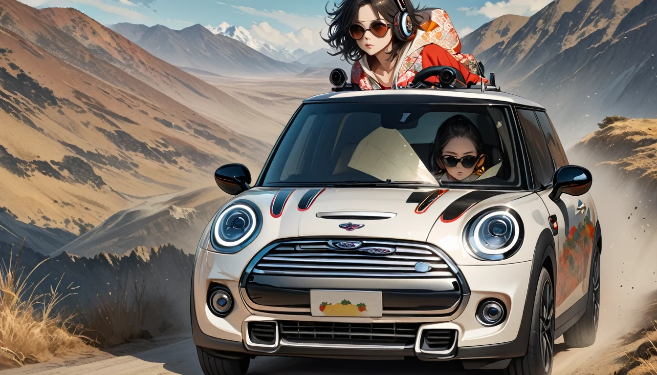 ((8k of extremely detailed CG unit, Masterpiece, high resolution, highest quality, highest quality real texture skin)), (wearing Japanese pattern headphones), ((1 girl)), (((Driving a Mini Cooper))), (((sunglasses))), (Japanese pattern hoodie, Japanese-style shorts), (Black hair, messy hair, beige skin), (surreal, digital painting)