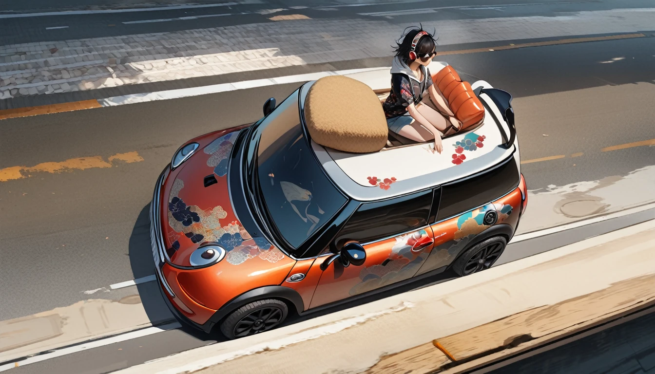 ((8k of extremely detailed CG unit, Masterpiece, high resolution, highest quality, highest quality real texture skin)), (wearing Japanese pattern headphones), ((1 girl)), (((Driving a Mini Cooper))), (((sunglasses))), (Japanese pattern hoodie, Japanese-style shorts), (Black hair, messy hair, beige skin), (surreal, digital painting)