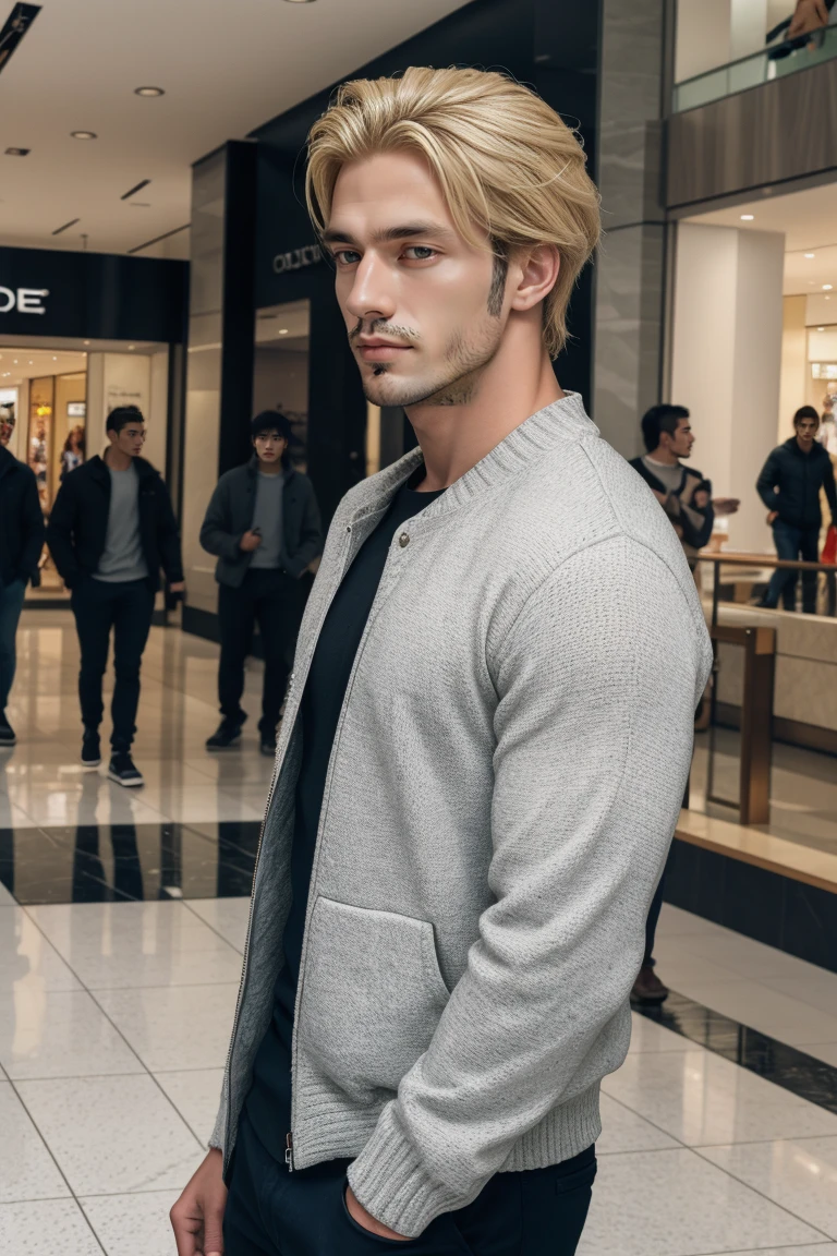 raw photo of beautiful handsome men blonde hair ,solo ,mall
