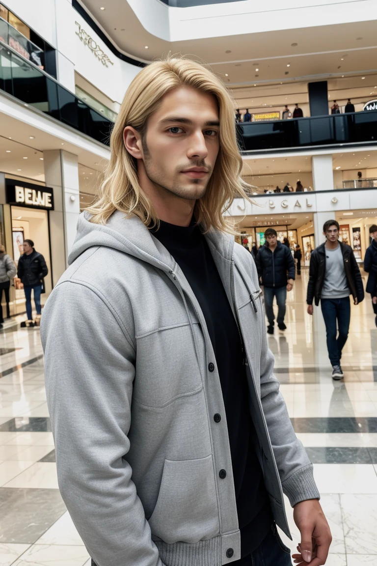 raw photo of beautiful handsome men blonde hair ,solo ,mall